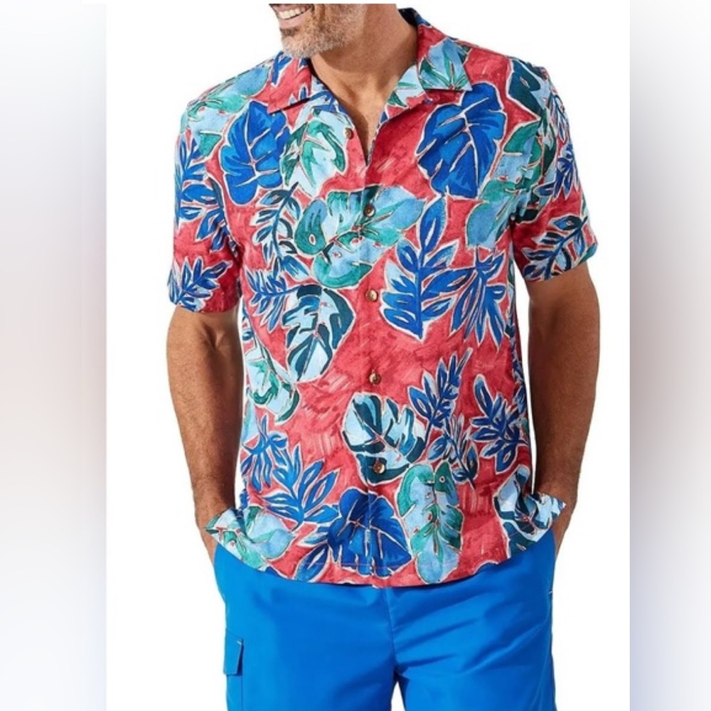 Tommy Bahama Men's Silk Cool Max Crystal Cove Red Blue Button Floral Shirt XL